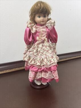 Vintage World Bazaars 16" Porcelain Doll Pink Dress Ruffles Lace Stand Included